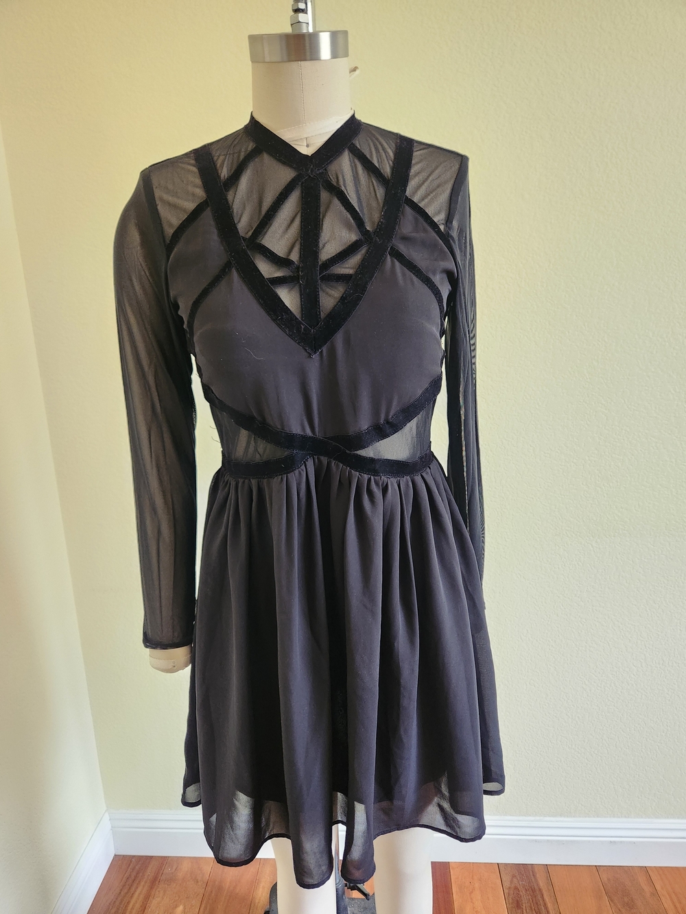 Restyle Sheer Long-Sleeve Black Mesh Fit-and-Flare Dress